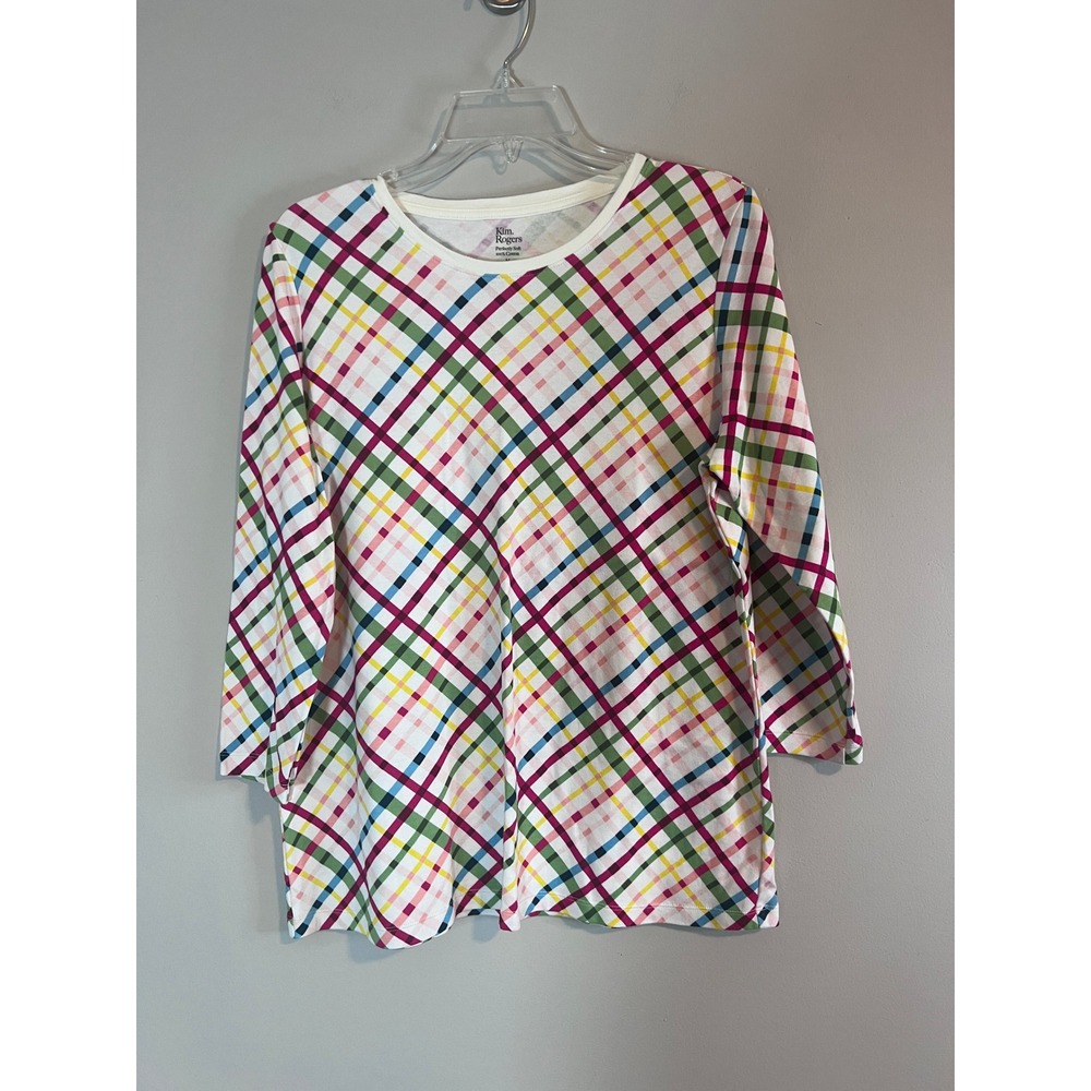 Kim Rogers Perfectly Soft Womens Medium 100% Cotton 3/4 Sleeve Plaid Top Multi